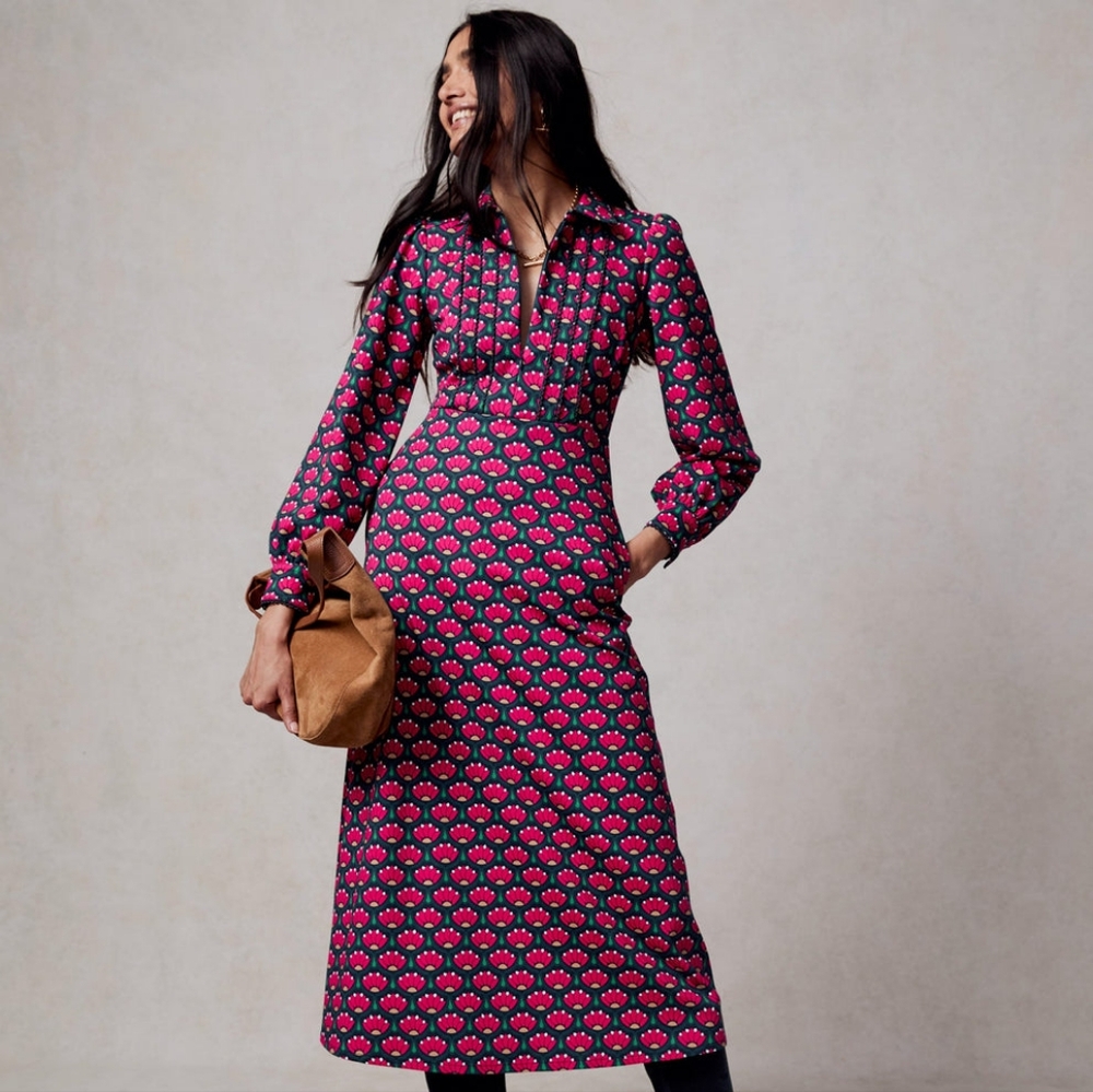 Boden Floral Maxi Zip Up Ponte Dress Long Sleeve